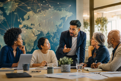 Image of four people sitting around a desk listening to one person speak